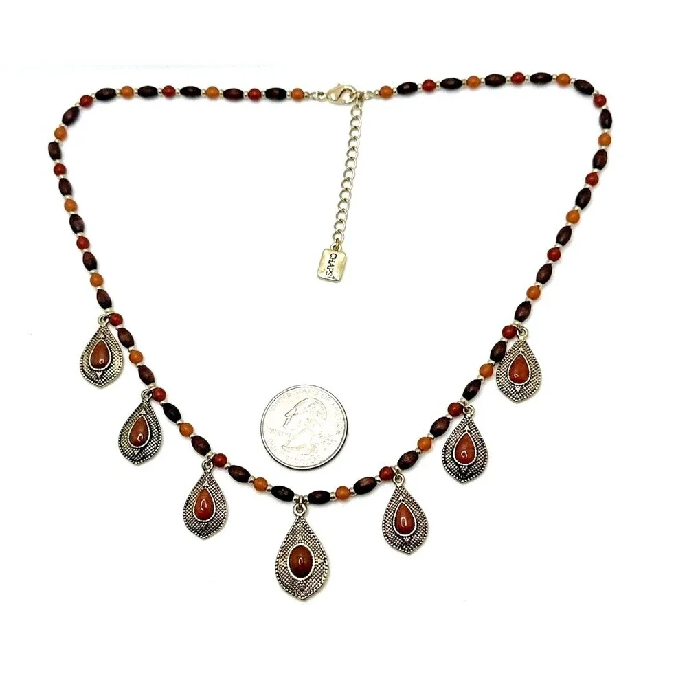 Chaps Necklace Wood Bead Earth Tone Red Dangle Statement Boho 18-20
